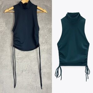 Zara Turquoise Shirt Mock Neck Ruched Side Tie Sleeveless Crop Top Y2K Festival